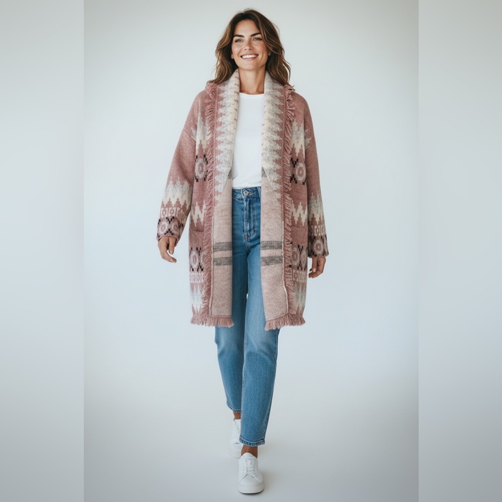 (2)RD Style Pink and Cream Patterned Cardigan
